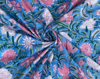 Floral Block Print Cotton Fabric: Handmade Dress Making Fabric By Yard