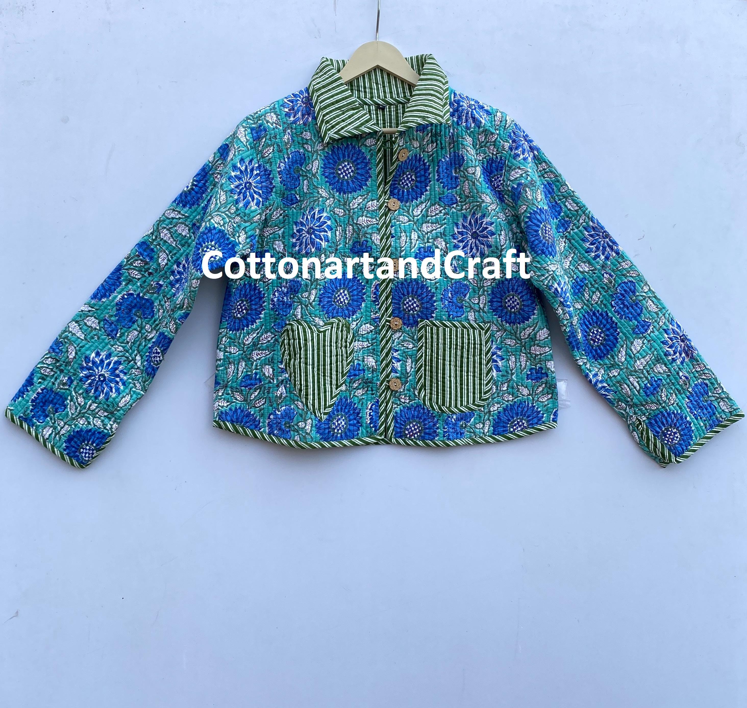 Handmade Block Print Cotton Quilted Jacket: Blue Grey Floral