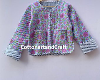 Cotton Women's Quilted Jacket Block Printed Boho Style Quilted Handmade Jackets, Coat Holidays Gifts Button Closer Jacket for Women Gifts