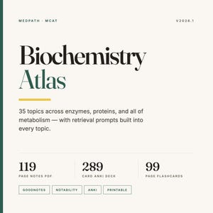 Könnte beinhalten: Ein digitaler Studienführer mit dem Titel Biochemistry Atlas zur MCAT-Vorbereitung. Er umfasst 35 Themen zu Enzymen, Proteinen und Stoffwechsel mit Abfrage-Prompts. Das Dokument enthält 119 Notizseiten, 289 Anki-Karten und 99 Lernkarten.
