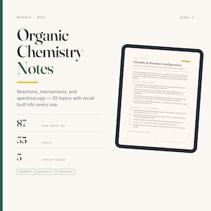 Może przedstawiać: Cyfrowy dokument zatytułowany Organic Chemistry Notes zawierający 87 stron notatek w formacie PDF, 35 tematów i 3 bloki treści. Tablet wyświetla stronę dotyczącą chiralności i konfiguracji absolutnej z tekstem o strukturze cząsteczkowej.