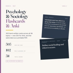 May include: Psychology & Sociology Flashcards & Anki study materials featuring 303 hand-written cards across 38 topics. Includes one CSV for Anki and a printable PDF. Two dark blue cards are displayed showing front and back content.