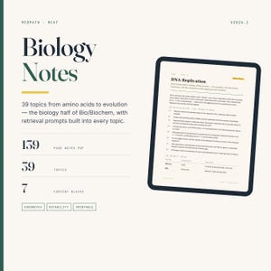 Peut inclure: Un document numérique intitulé Biology Notes pour la préparation au MCAT, comprenant 139 pages, 39 sujets et 7 blocs de contenu. La mise en page inclut une tablette affichant le texte sur la réplication de l'ADN, avec Goodnotes, Notability et imprimable.