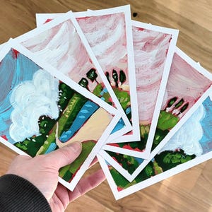 Handgemalte Fantasiewelten – Postkarten, Acryl auf Papier, Natur Flüsse Hügel verschlungene Wege