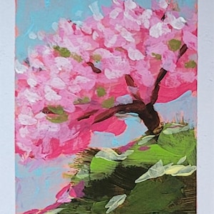 Handgemalte Kirschbäume – Postkarten, Acryl auf Papier, Kirschblüten,  Hügel, Wiesen