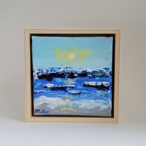 Miniaturmalerei 10x10 cm Acryl auf Leinwand, abstrakt Sonnenuntergang am Meer mit Schattenfugenrahmen aus Fichtenholz