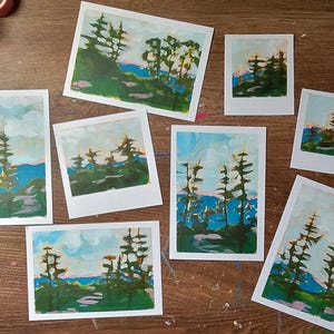 Handgemalte Postkarte Din A6 Berglandschaft mit Tannen, Kunstgeschenk, Naturmotiv, Acrylmalerei