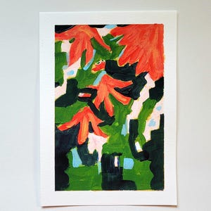 farbenfrohe Acrylbilder, gemalt auf Papier, voller Energie, als Geschenk, persönliche Galerie, für Kunstliebhaber, Orange, Grün