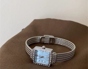 Blue Face Watch for Women, Unique Design Watches for Women, Silver Band Watches, Chic Style Watches for Women, Chic Style Square Face Watch