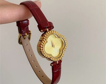 Chic Style Four Leaf Clover Watches for Women, Vintage Red Leather Strap Watches, Unique Design Watch Gift for Her, Dainty Office Watches