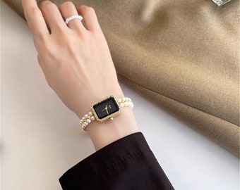 Dainty Pearl Watch for Women, Unique Design Women Watches, Pearl Band Watches, Chic Style Watches for Women, Elegant Square Face Watches