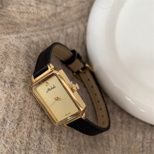 Chic Style Square Face Watches for Women, Black Leather Band Watches, Minimalist Square Watches for Women, Handmade Dainty Square Watches
