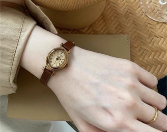 Chic Style Oval Face Watches for Women, Vintage Brown Leather Strape Watches, Elegant Small Watches for Women, Unique Design Watches Gift