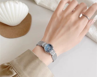 Mother of Pearl Blue Face Watches, Small Round Face Stainless Steel Watches, Chic Style Watches for Women, Silver Blue Dainty Women Watches