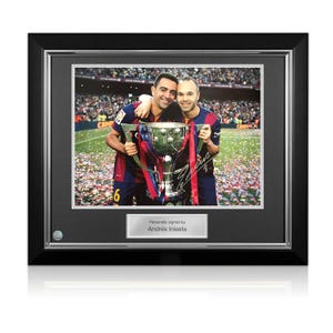 Andres Iniesta Signed Barcelona Football Photo: With Xavi. Deluxe Frame