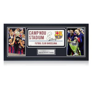 Xavi Hernandez and Andres Iniesta Signed Barcelona Street Sign. Framed