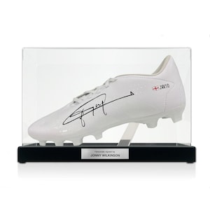 Jonny Wilkinson Signed White Rugby Boot: JW10. Display Case With Plaque