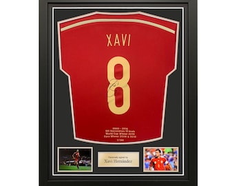 Xavi Hernandez Signed Spain 2014-15 Football Shirt: Career Embroidery. Standard Frame