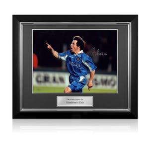 Gianfranco Zola Signed Chelsea Football Photo: 1998 Cup Final Goal. Deluxe Frame