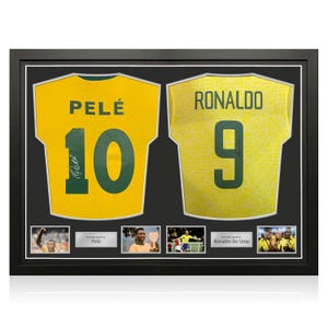 Pele And Ronaldo De Lima Signed Brazil Football Shirts. Dual Frame