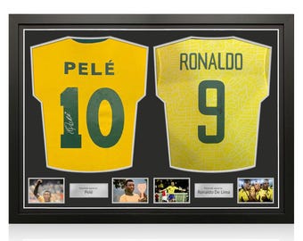 Pele And Ronaldo De Lima Signed Brazil Football Shirts. Dual Frame
