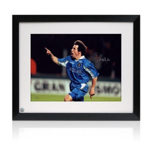 Gianfranco Zola Signed Chelsea Football Photo: 1998 Cup Final Goal. Framed