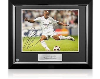 Roberto Carlos Signed Real Madrid Football Photo. Deluxe Frame