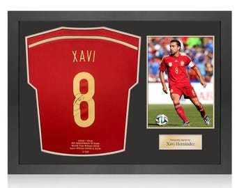 Xavi Hernandez Signed Spain 2014-15 Football Shirt: Career Embroidery. Icon Frame