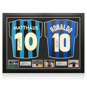 Maglie da calcio dell&#39;Inter firmate da Lothar Matthäus e Ronaldo de Lima. Doppia cornice