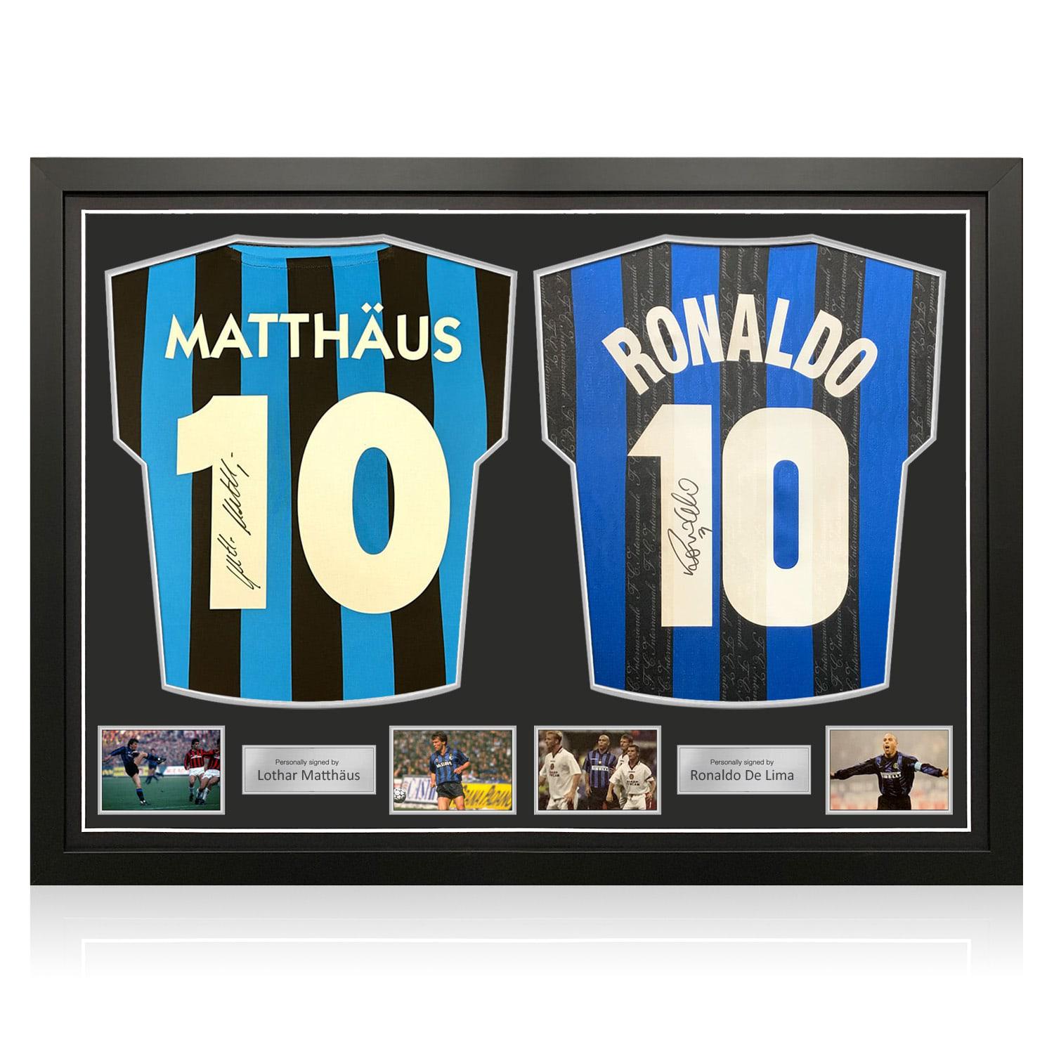 Lothar Matthäus & Ronaldo de Lima Signed Inter Milan Football Shirts. Dual Frame