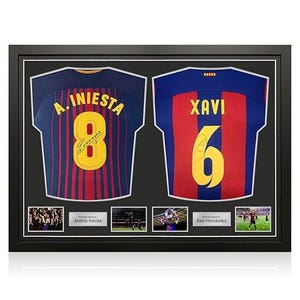 Andres Iniesta And Xavi Hernandez Signed Barcelona Football Shirts. Dual Frame
