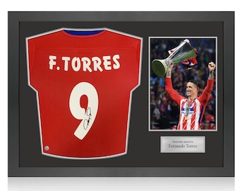 Fernando Torres gesigneerd voetbalshirt Atlético Madrid 2015-16. Pictogramlijst