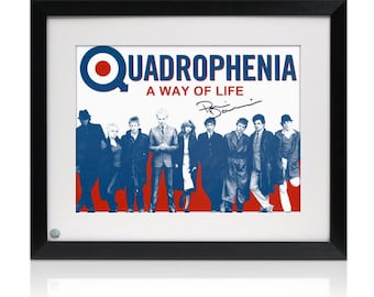 May include: A framed poster with a red, white, and blue target logo and the text "Quadrophenia: A Way of Life". The poster features a group of people in blue and white clothing standing in front of a red background. The poster is signed by the artist.