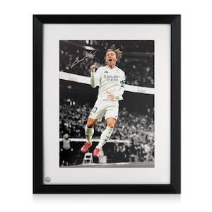 Luka Modric Signed Real Madrid Football Photo: Goal Celebration (Mono Background). Framed