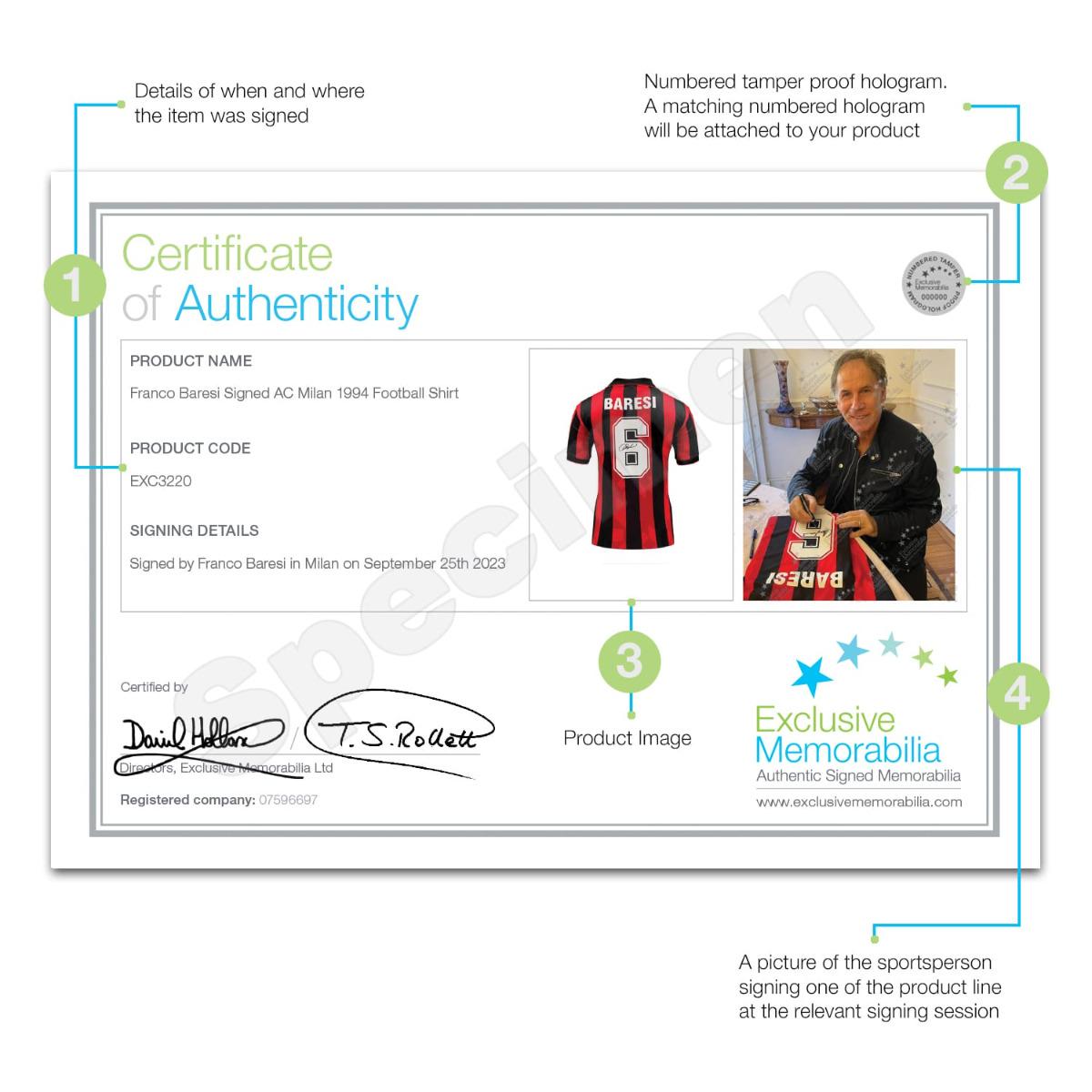 フランコ・バレージ直筆サイン入りACミラン1994年サッカーシャツ