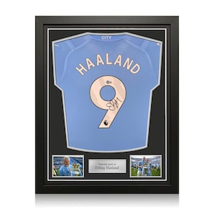 Erling Haaland Signed Manchester City 2023-24 Football Shirt. Standard Frame: PL Version