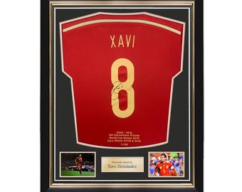 Xavi Hernandez Signed Spain 2014-15 Football Shirt: Career Embroidery. Superior Frame