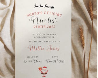 May include: A printable Santa's Nice List Certificate with a red and black illustration of Santa and reindeer. The certificate is for Millie Jones and is dated December 24th, 2024.