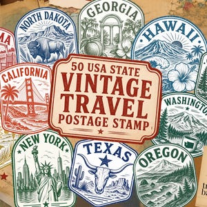 Imágenes prediseñadas de sellos de viaje de estados de EE. UU., paquete de pegatinas PNG de pasaporte vintage, descarga digital