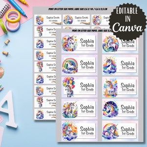 Könnte beinhalten: Druckbare Etiketten mit einem Einhorn-Design mit einem Regenbogen, Sternen und Ballons. Die Etiketten lauten "Sophia 1st Grade" und sind für den Druck auf Papier im Letter-Format konzipiert.