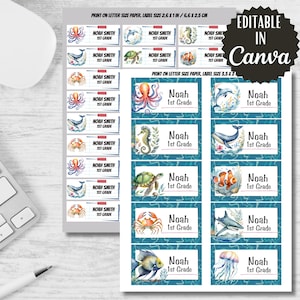 Set of Sea Animals Printables Labels Back to school, Sea animals stickers, tags food labels Editable in Canva, Girl labels, Boy labels