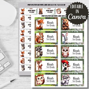 Set of Woodland Animals Printables Labels Back to school Woodland animals stickers tags food labels Editable in Canva Girl labels Boy labels