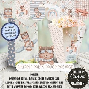 Afdrukbare Kit aquarel vlieger beer vliegtuigen bewerkbare tekst verjaardag dopen baby shower uitnodiging topper dozen decoratie
