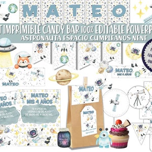 Kit Imprimible Astronauta y Planetas. Texto Editable, papeles digitales, clipart, invitaciones, cajas, toppers, candy bar y mucho mas