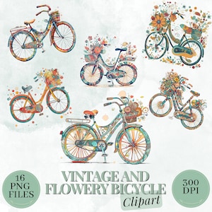 Vintage Bicycles and Florida Clipart Pack of 16 PNG Images 300 DPI, Vintage bicycles, Floral designs, bike illustration, Art projects