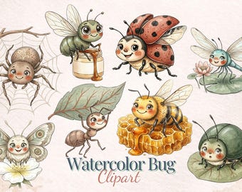 Cute Watercolor Bug Clipart Bundle | Whimsical Insects PNG Digital Download Transparent