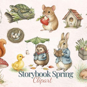 Puede incluir: Ilustraciones en acuarela con temática primaveral. Incluye una tortuga sobre un tronco, un ratón comiendo una fresa, una casita para pájaros, una ardilla sobre una seta, un patito, un erizo, un conejo leyendo y un cervatillo durmiendo.