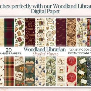 May include: A collection of 20 seamless digital papers with a woodland librarian theme. The papers feature various patterns including books, keys, owls, and botanical elements. The image includes the text "Woodland Librarian Digital Papers".