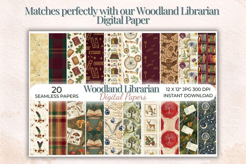 May include: A collection of 20 seamless digital papers with a woodland librarian theme. The papers feature various patterns including books, keys, owls, and botanical elements. The image includes the text "Woodland Librarian Digital Papers".