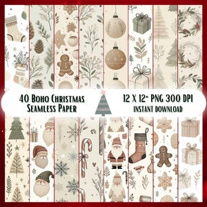40 Boho Christmas Seamless Paper Bundle Printable Winter Rustic Xmas Junk Journal Woodland Neutral Beige Holiday Wrapping Patterns